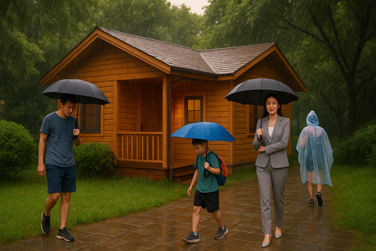 Charming Small Wooden House Draws Visitors Despite Rainy Weather in Dongguan Park