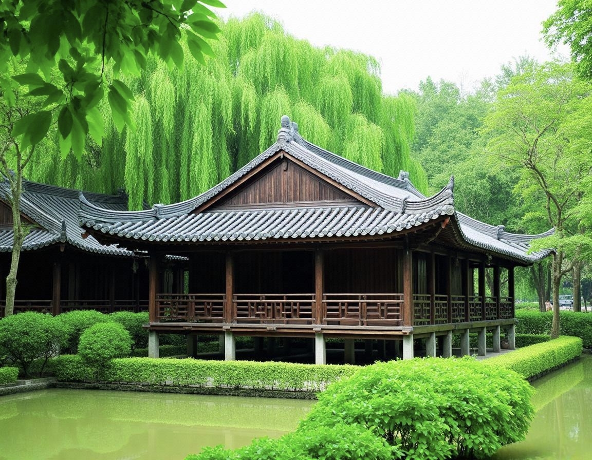 Traditional Chinese Small Wooden House Enhances Lakeside Experience in Dongguan Park